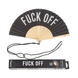 גרין קווין - מניפה שחורה עם הכיתוב FUCK OFF בעיצוב Fisura – מבד ארוג ועץ טבעי FSC עם שרוך תלייה