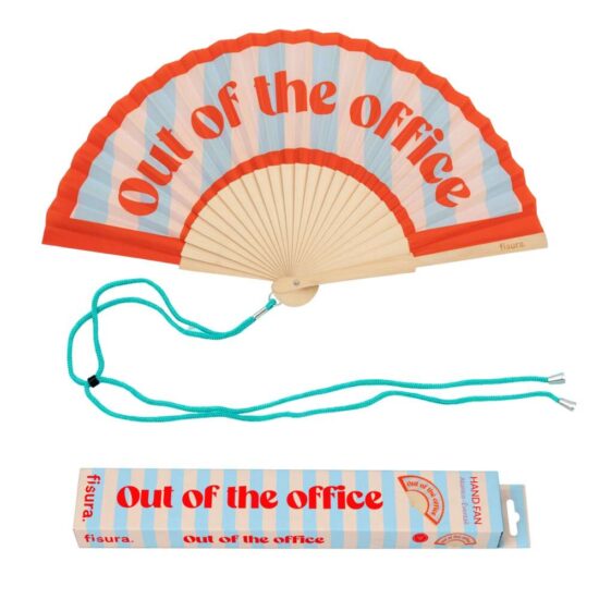 מניפת יד עם הכיתוב Out of the Office בצבע כחול ואדום