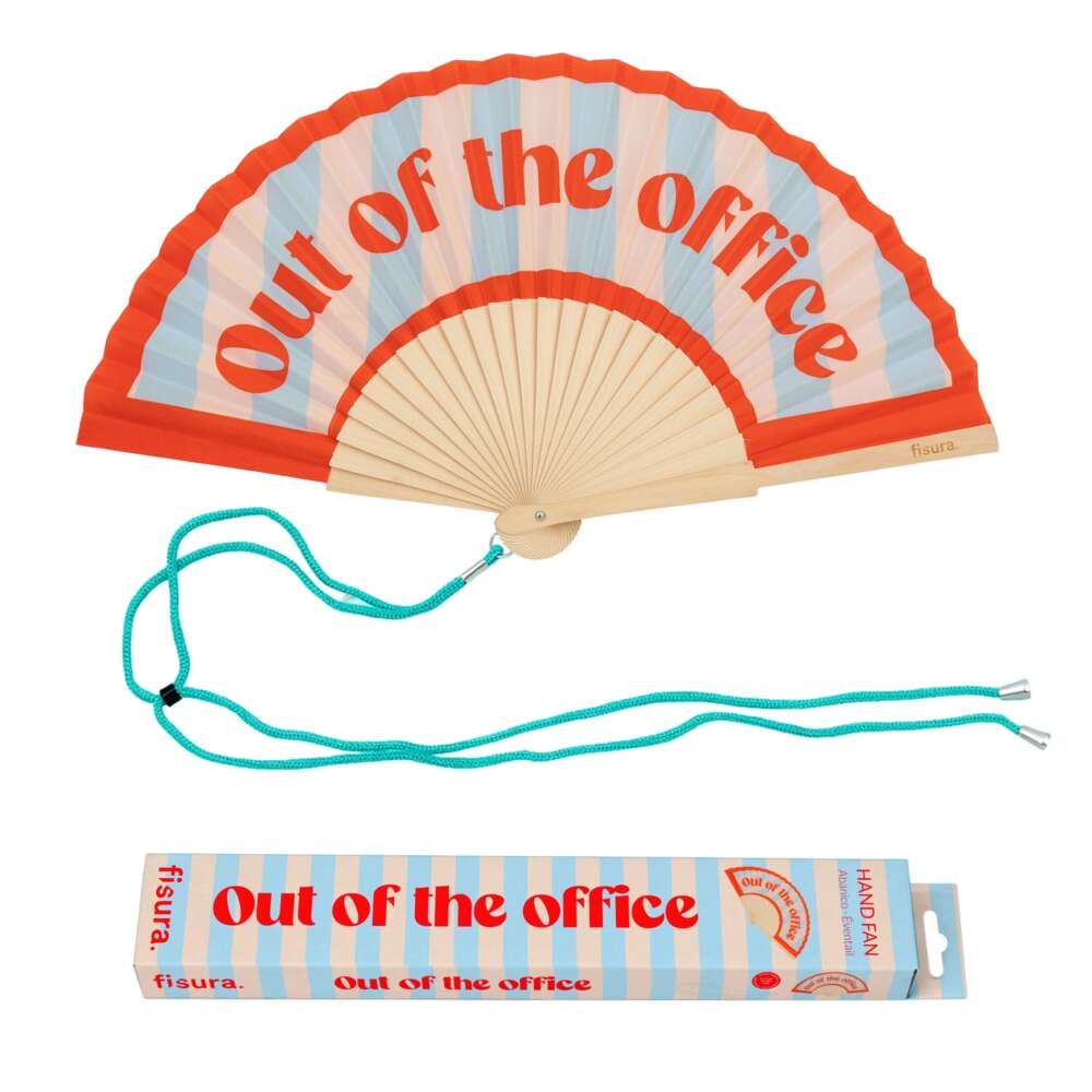 מניפת יד עם הכיתוב Out of the Office בצבע כחול ואדום