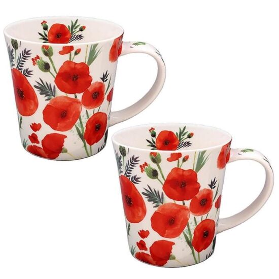 גרין קווין חנות מתנות ועיצוב: סט ספלי Poppy Fields של Lesser & Pavey עם עיצוב פרגים אדומים