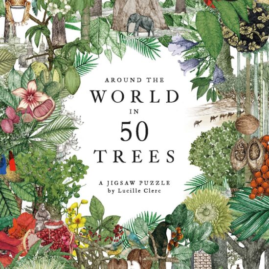 גרין קווין חנות מתנות ועיצוב: פאזל 1000 חלקים Around the World in 50 Trees מבית Laurence King - קופסה עם איורי עצים