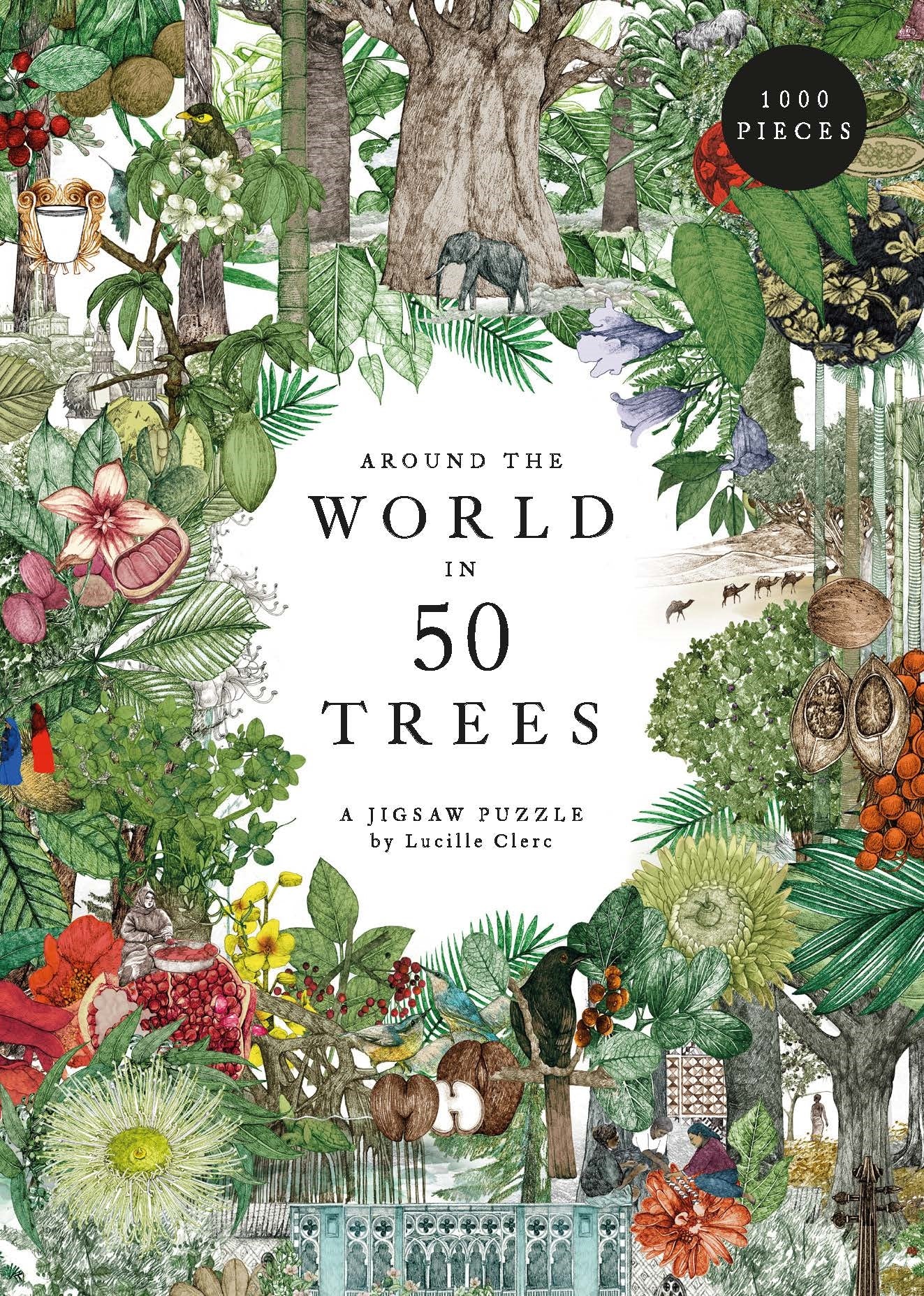 גרין קווין חנות מתנות ועיצוב: פאזל 1000 חלקים Around the World in 50 Trees מבית Laurence King - קופסה עם איורי עצים