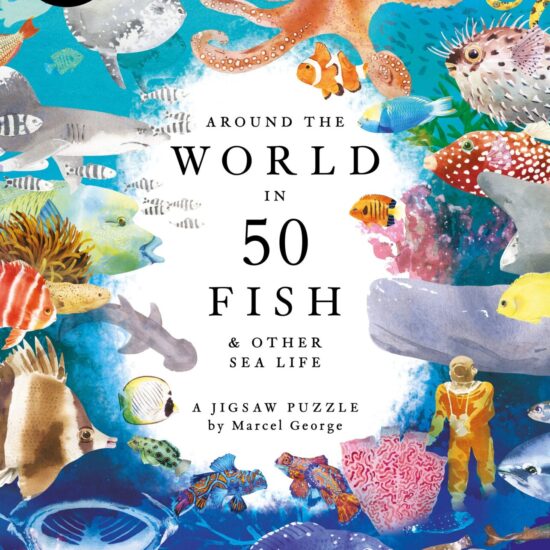 גרין קווין חנות מתנות ועיצוב: פאזל 1000 חלקים Around the World in 50 Fish מבית Laurence King - קופסה עם איורי דגים