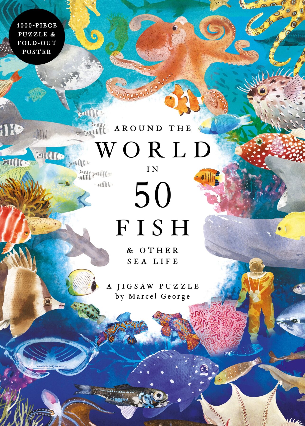גרין קווין חנות מתנות ועיצוב: פאזל 1000 חלקים Around the World in 50 Fish מבית Laurence King - קופסה עם איורי דגים