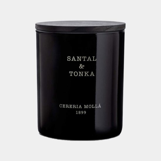 גרין קווין חנות מתנות ועיצוב: נר ריחני Santal & Tonka 230 גרם של Cereria Mollá בכלי זכוכית שחור עם מכסה