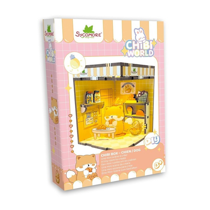 גרין קווין חנות מתנות ועיצוב: אריזת Chibi Box כלבלב, המאפייה המורכבת וחלקי הערכה: עץ, אקריליק ודבק