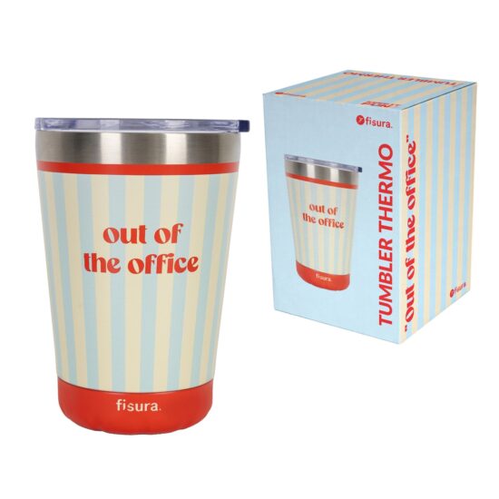 גרין קווין חנות מתנות ועיצוב: כוס תרמית Fisura Out of the Office בפסים תכלת וקרם עם בסיס אדום ואריזת המתנה