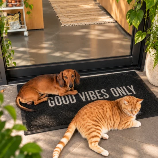 שטיח כניסה Good Vibes Only שחור עם כלב ותחש וחתול על השטיח בפתח הבית