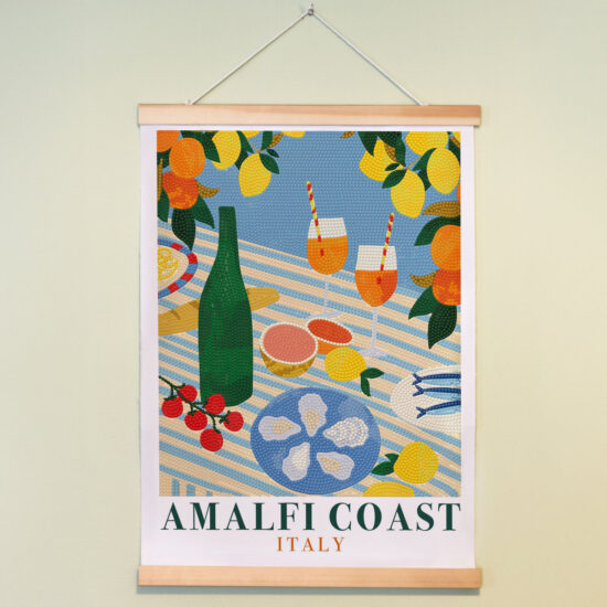 ערכת ציור יהלומים Amalfi Coast Aperitif תלויה על הקיר – שולחן ים תיכוני עם הדרים